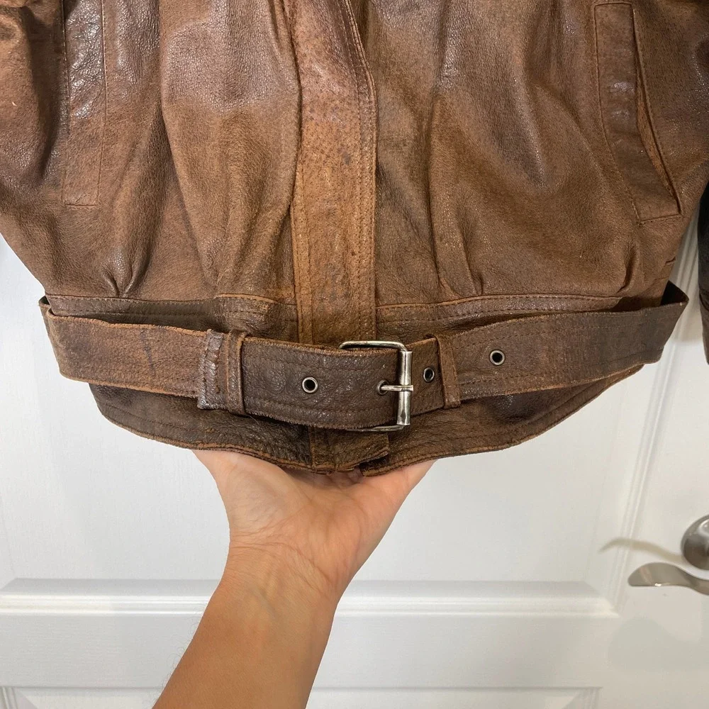 Vintage 80's Paris Sport Club Leather Bomber Jacket Distressed Brown Belted L